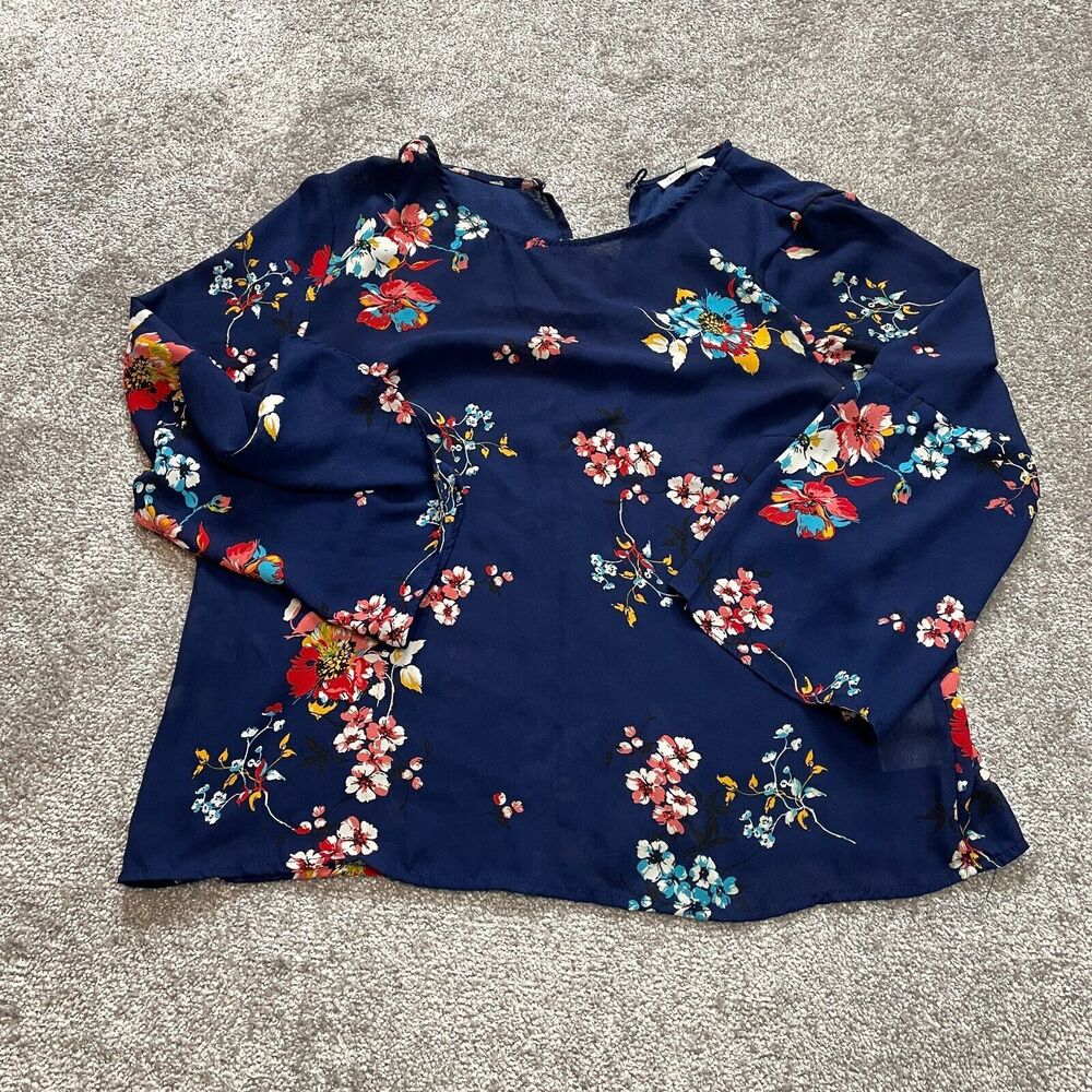 Crescent & Willough Blouse Shirt Womens XL Dark Blue Floral Log Sleeve Ladies